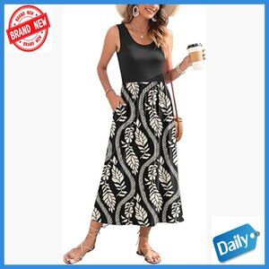 Summer Maxi Dress Sleeveless Flowy A-Line with Pockets Casual Beach Vacation